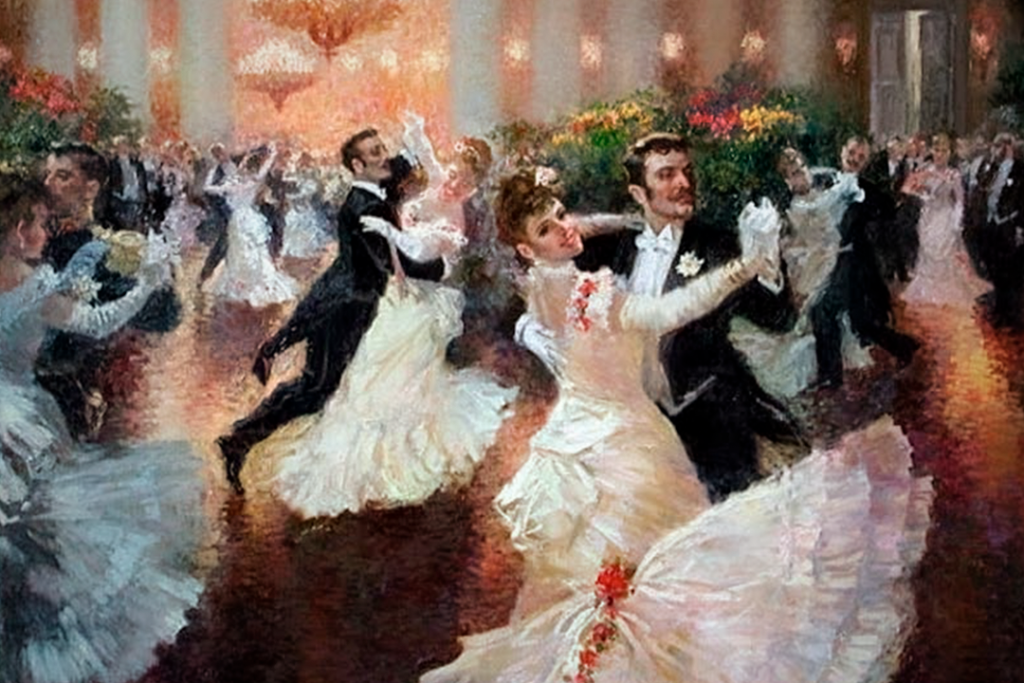 Pintura de baile de gala do século XIX com casais dançando