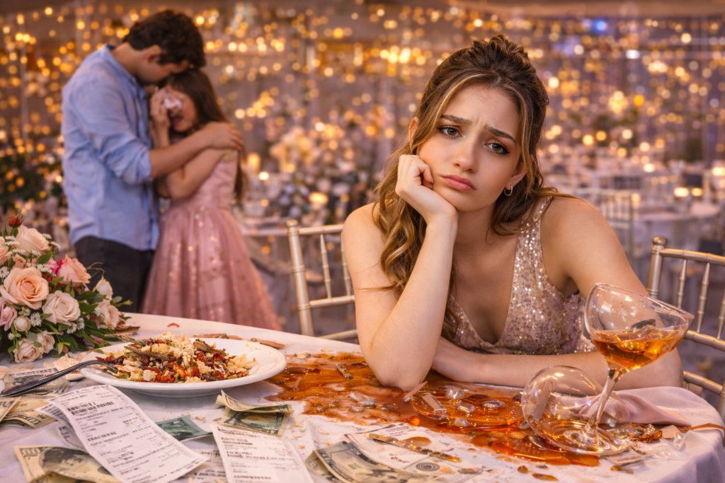 Debutante desanimada à mesa em uma festa vazia