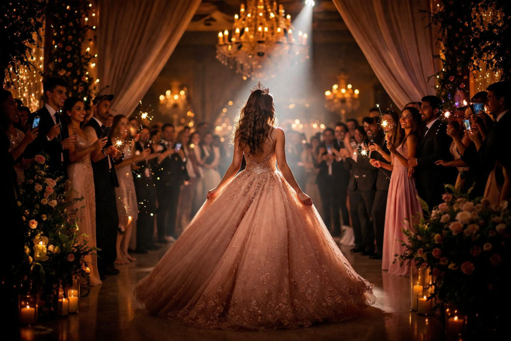 Debutante dança cercada pelos convidados no salão