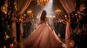 Debutante dança cercada pelos convidados no salão