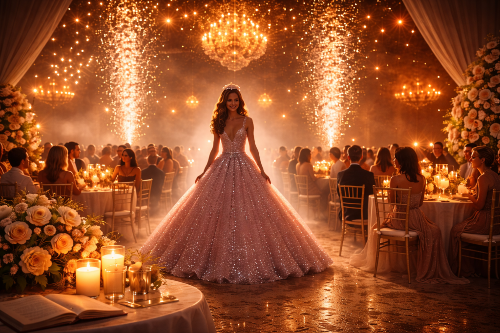 Debutante no centro do salão com efeitos de luz e fumaça