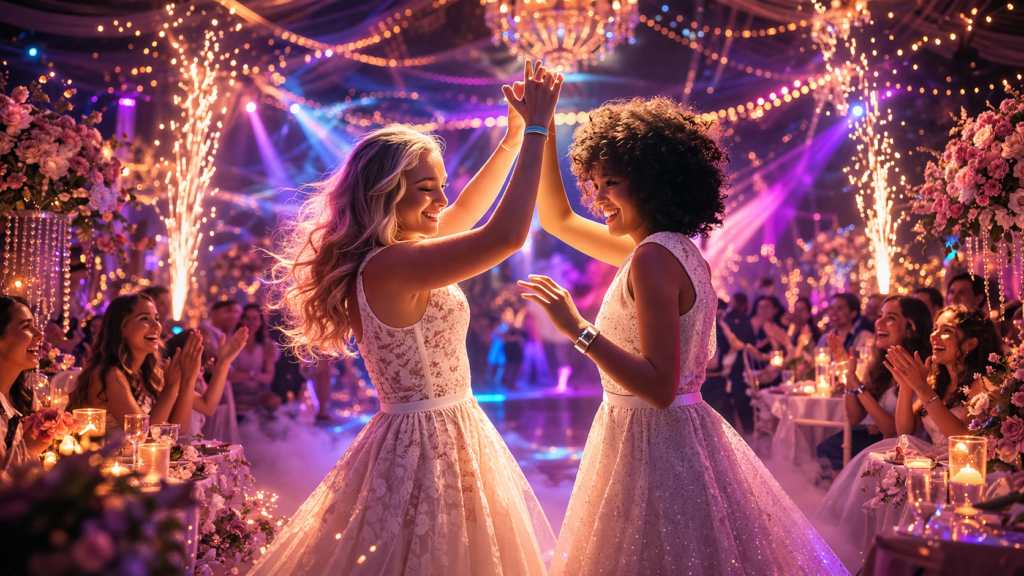 Debutante dança com uma amiga sob efeitos pirotécnicos