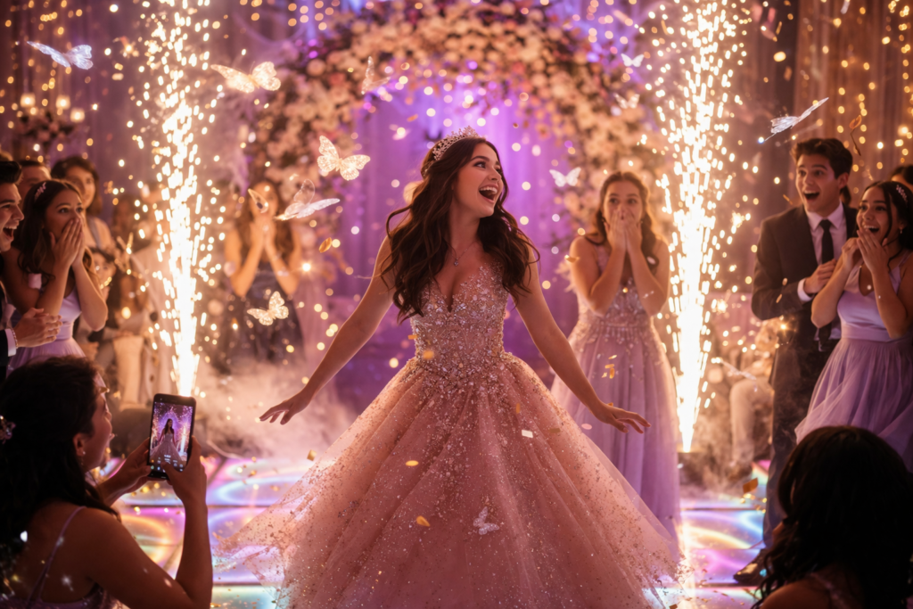 Debutante celebra com as amigas em meio a efeitos de luz