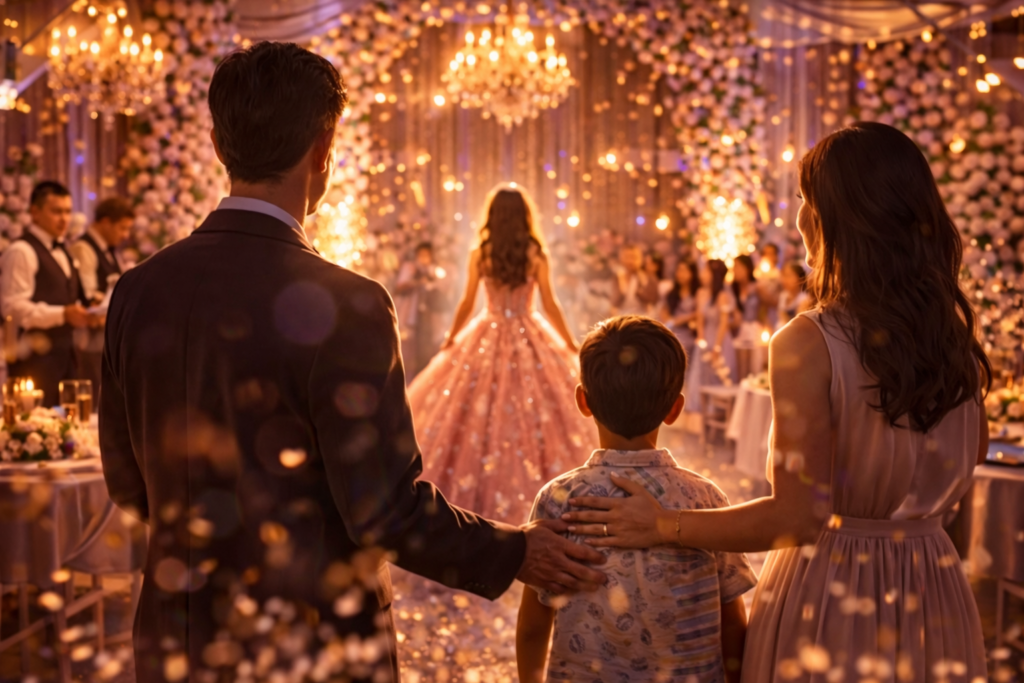 Família observa a debutante no salão iluminado