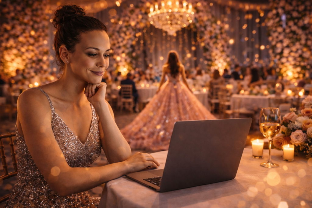 Espaço completo: como uma boa estrutura reduz o número de decisões Mulher pesquisa opções de festa no computador à noite
