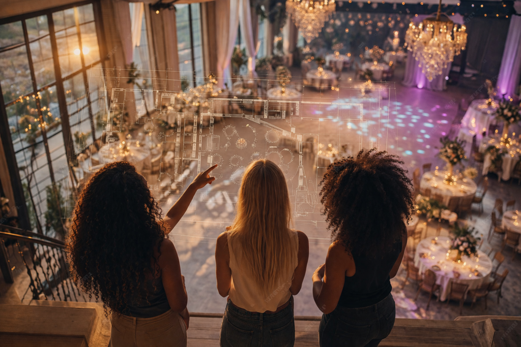 Por que visitar espaços cedo muda o rumo do planejamento Três mulheres observam o salão decorado do alto da escadaria