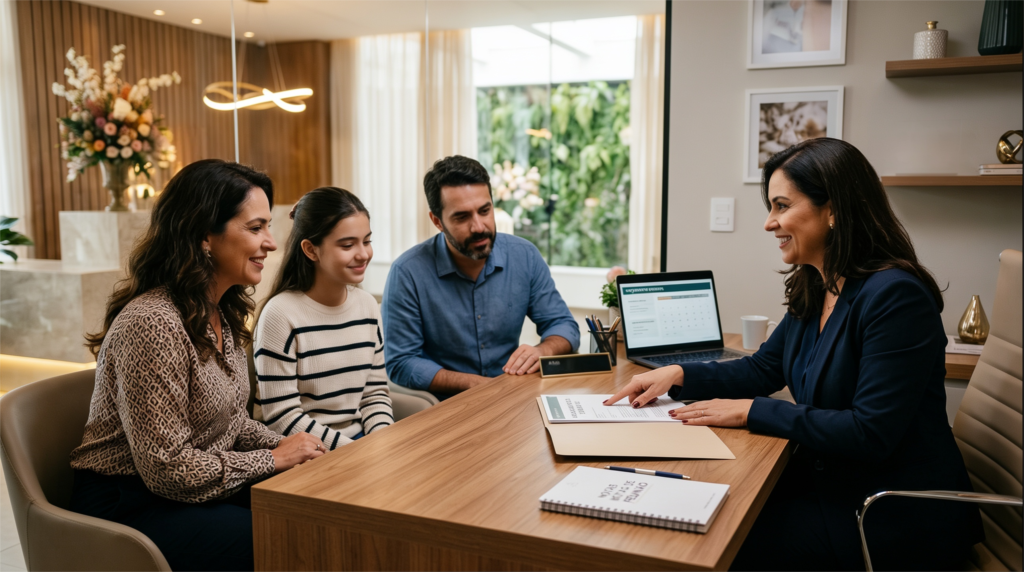 Família conversa com a consultora durante reunião de contratação