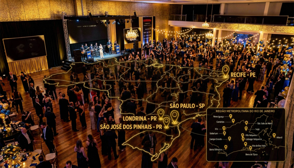 Salão lotado durante evento com o mapa das unidades sobreposto