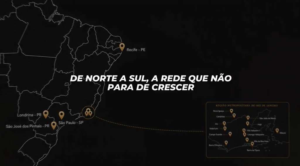 Mapa do Brasil com as unidades da rede Ballroom sinalizadas