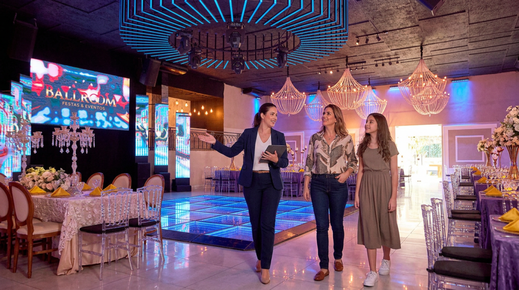 Consultora mostra a pista de dança e o painel de LED às visitantes