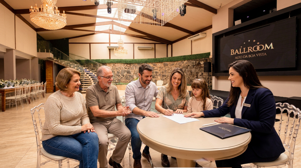 Família reunida com a consultora à mesa durante a visita guiada