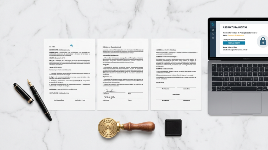 Contrato de prestação de serviços com caneta e assinatura digital