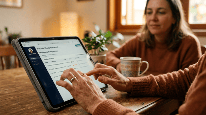 Mulher acessa o portal do cliente em um tablet