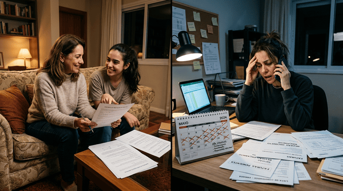 Mãe e filha planejam a festa em casa com calendário e documentos