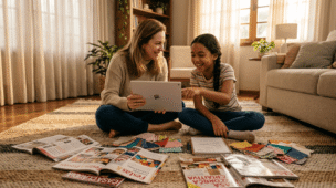 Mãe e filha pesquisam ideias de festa no tablet