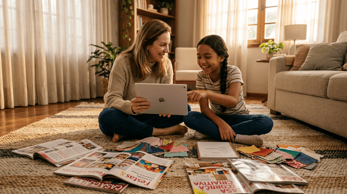 Mãe e filha pesquisam ideias de festa no tablet
