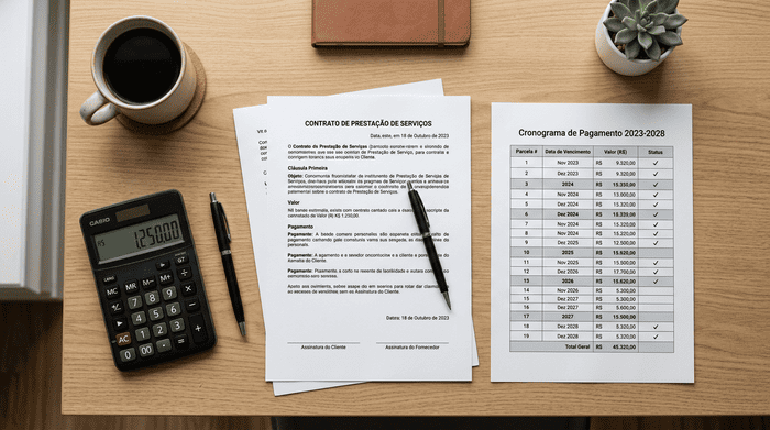 Contrato de prestação de serviços ao lado do cronograma de pagamento