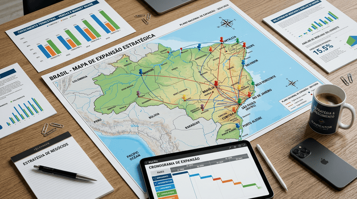 Mapa de expansão da rede com gráficos e cronograma estratégico